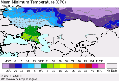 Russian Federation Mean Minimum Temperature (CPC) Thematic Map For 11/21/2022 - 11/27/2022