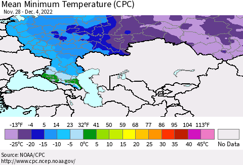 Russian Federation Mean Minimum Temperature (CPC) Thematic Map For 11/28/2022 - 12/4/2022