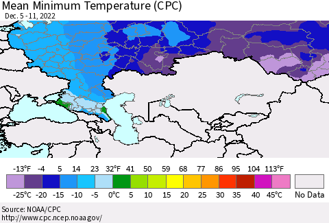 Russian Federation Mean Minimum Temperature (CPC) Thematic Map For 12/5/2022 - 12/11/2022