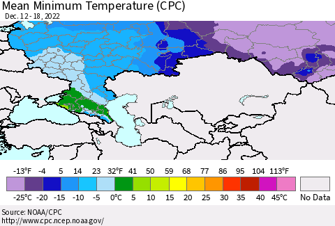Russian Federation Mean Minimum Temperature (CPC) Thematic Map For 12/12/2022 - 12/18/2022