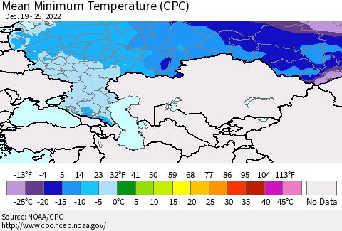 Russian Federation Mean Minimum Temperature (CPC) Thematic Map For 12/19/2022 - 12/25/2022