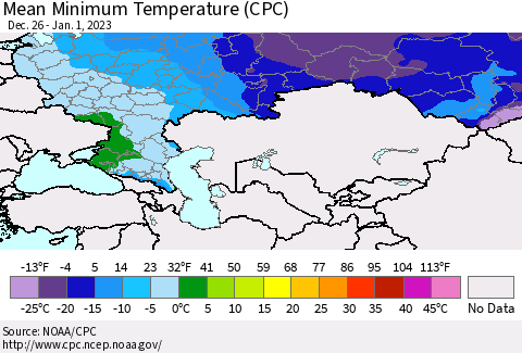 Russian Federation Mean Minimum Temperature (CPC) Thematic Map For 12/26/2022 - 1/1/2023