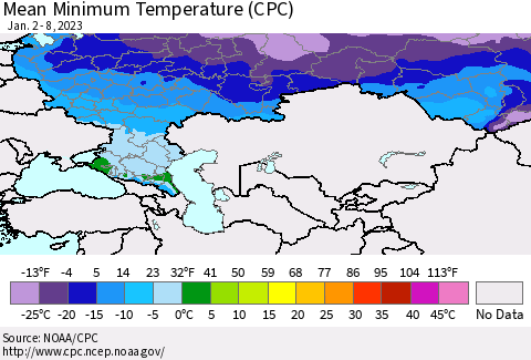 Russian Federation Mean Minimum Temperature (CPC) Thematic Map For 1/2/2023 - 1/8/2023
