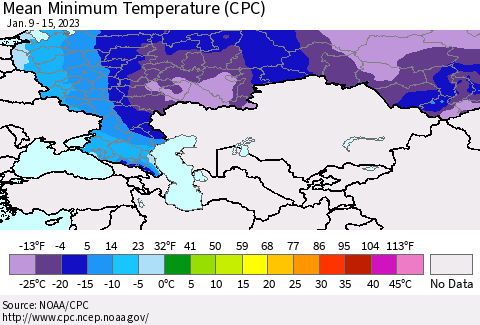 Russian Federation Mean Minimum Temperature (CPC) Thematic Map For 1/9/2023 - 1/15/2023