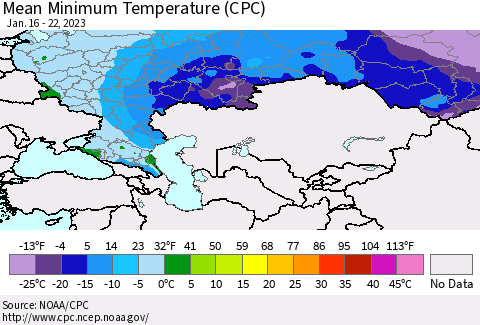 Russian Federation Mean Minimum Temperature (CPC) Thematic Map For 1/16/2023 - 1/22/2023