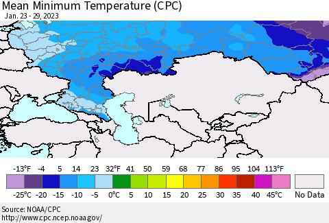 Russian Federation Mean Minimum Temperature (CPC) Thematic Map For 1/23/2023 - 1/29/2023