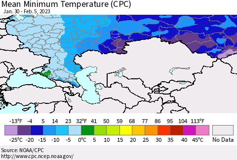 Russian Federation Mean Minimum Temperature (CPC) Thematic Map For 1/30/2023 - 2/5/2023