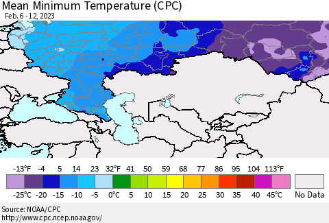Russian Federation Mean Minimum Temperature (CPC) Thematic Map For 2/6/2023 - 2/12/2023