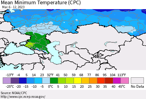 Russian Federation Mean Minimum Temperature (CPC) Thematic Map For 3/6/2023 - 3/12/2023