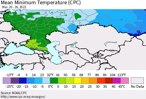Russian Federation Mean Minimum Temperature (CPC) Thematic Map For 3/20/2023 - 3/26/2023