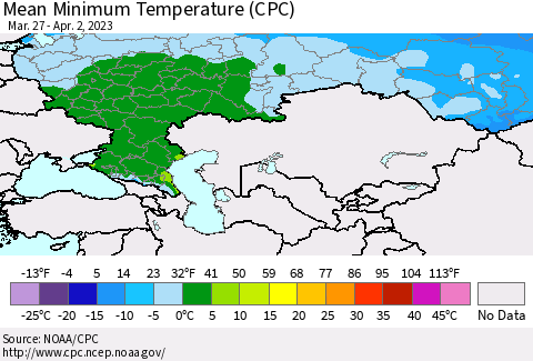 Russian Federation Mean Minimum Temperature (CPC) Thematic Map For 3/27/2023 - 4/2/2023
