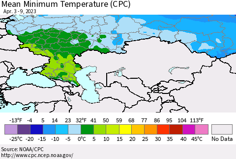 Russian Federation Mean Minimum Temperature (CPC) Thematic Map For 4/3/2023 - 4/9/2023