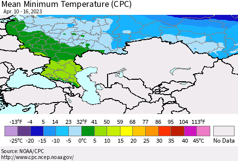 Russian Federation Mean Minimum Temperature (CPC) Thematic Map For 4/10/2023 - 4/16/2023
