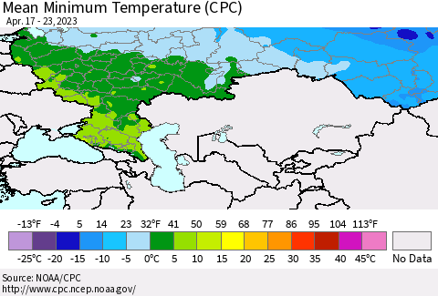 Russian Federation Mean Minimum Temperature (CPC) Thematic Map For 4/17/2023 - 4/23/2023