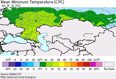 Russian Federation Mean Minimum Temperature (CPC) Thematic Map For 4/24/2023 - 4/30/2023
