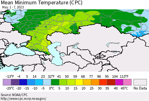 Russian Federation Mean Minimum Temperature (CPC) Thematic Map For 5/1/2023 - 5/7/2023