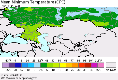 Russian Federation Mean Minimum Temperature (CPC) Thematic Map For 5/8/2023 - 5/14/2023
