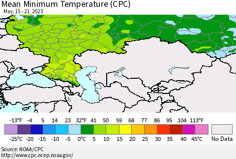 Russian Federation Mean Minimum Temperature (CPC) Thematic Map For 5/15/2023 - 5/21/2023
