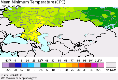 Russian Federation Mean Minimum Temperature (CPC) Thematic Map For 5/22/2023 - 5/28/2023