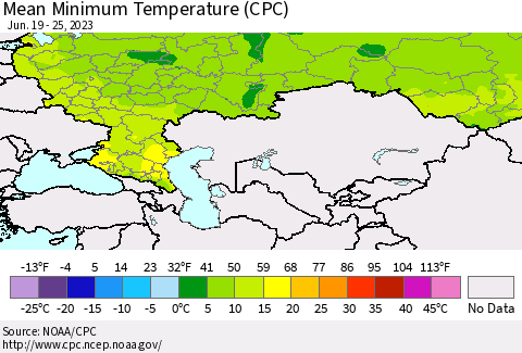 Russian Federation Mean Minimum Temperature (CPC) Thematic Map For 6/19/2023 - 6/25/2023