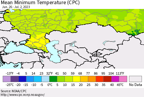 Russian Federation Mean Minimum Temperature (CPC) Thematic Map For 6/26/2023 - 7/2/2023