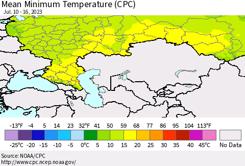 Russian Federation Mean Minimum Temperature (CPC) Thematic Map For 7/10/2023 - 7/16/2023