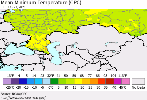 Russian Federation Mean Minimum Temperature (CPC) Thematic Map For 7/17/2023 - 7/23/2023