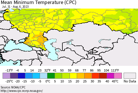 Russian Federation Mean Minimum Temperature (CPC) Thematic Map For 7/31/2023 - 8/6/2023
