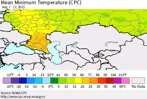 Russian Federation Mean Minimum Temperature (CPC) Thematic Map For 8/7/2023 - 8/13/2023