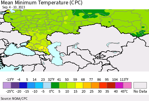 Russian Federation Mean Minimum Temperature (CPC) Thematic Map For 9/4/2023 - 9/10/2023