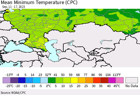 Russian Federation Mean Minimum Temperature (CPC) Thematic Map For 9/11/2023 - 9/17/2023