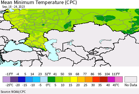 Russian Federation Mean Minimum Temperature (CPC) Thematic Map For 9/18/2023 - 9/24/2023