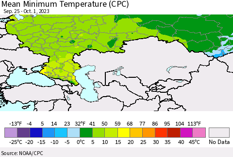 Russian Federation Mean Minimum Temperature (CPC) Thematic Map For 9/25/2023 - 10/1/2023