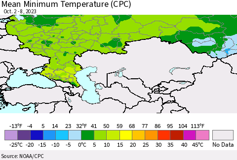 Russian Federation Mean Minimum Temperature (CPC) Thematic Map For 10/2/2023 - 10/8/2023