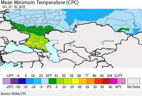 Russian Federation Mean Minimum Temperature (CPC) Thematic Map For 10/23/2023 - 10/29/2023