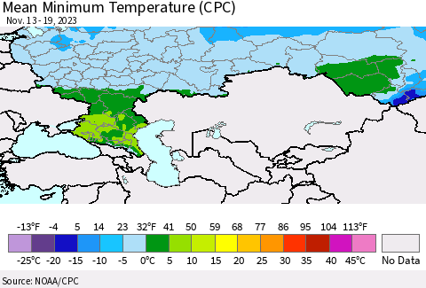 Russian Federation Mean Minimum Temperature (CPC) Thematic Map For 11/13/2023 - 11/19/2023