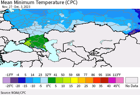 Russian Federation Mean Minimum Temperature (CPC) Thematic Map For 11/27/2023 - 12/3/2023
