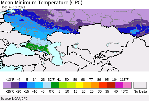 Russian Federation Mean Minimum Temperature (CPC) Thematic Map For 12/4/2023 - 12/10/2023