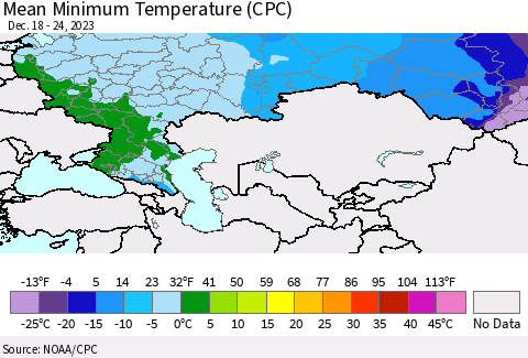 Russian Federation Mean Minimum Temperature (CPC) Thematic Map For 12/18/2023 - 12/24/2023