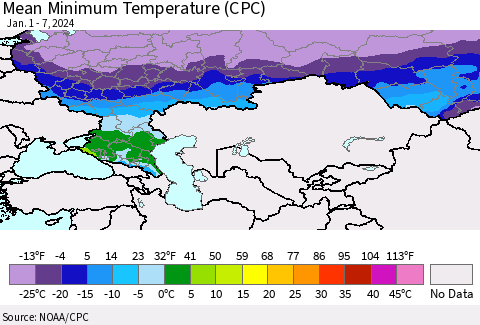 Russian Federation Mean Minimum Temperature (CPC) Thematic Map For 1/1/2024 - 1/7/2024