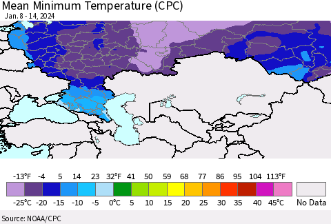 Russian Federation Mean Minimum Temperature (CPC) Thematic Map For 1/8/2024 - 1/14/2024