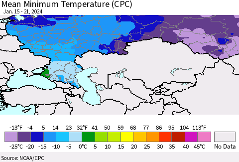 Russian Federation Mean Minimum Temperature (CPC) Thematic Map For 1/15/2024 - 1/21/2024