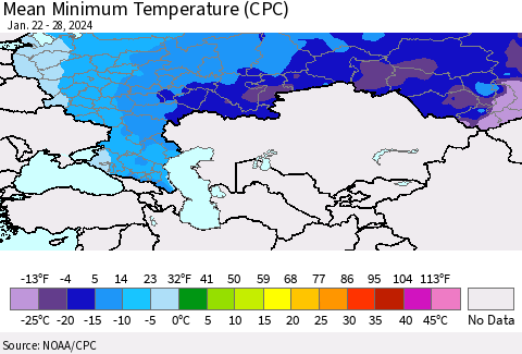 Russian Federation Mean Minimum Temperature (CPC) Thematic Map For 1/22/2024 - 1/28/2024