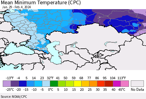 Russian Federation Mean Minimum Temperature (CPC) Thematic Map For 1/29/2024 - 2/4/2024