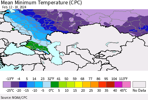 Russian Federation Mean Minimum Temperature (CPC) Thematic Map For 2/12/2024 - 2/18/2024