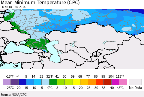 Russian Federation Mean Minimum Temperature (CPC) Thematic Map For 3/18/2024 - 3/24/2024
