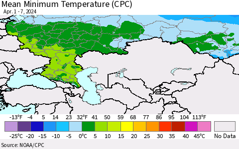 Russian Federation Mean Minimum Temperature (CPC) Thematic Map For 4/1/2024 - 4/7/2024