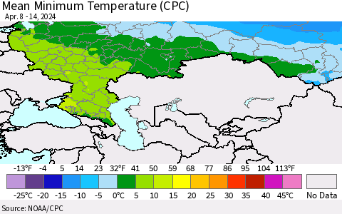 Russian Federation Mean Minimum Temperature (CPC) Thematic Map For 4/8/2024 - 4/14/2024