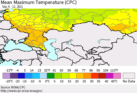 Russian Federation Mean Maximum Temperature (CPC) Thematic Map For 9/6/2021 - 9/12/2021