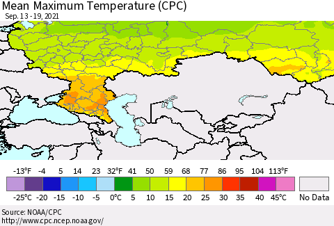 Russian Federation Mean Maximum Temperature (CPC) Thematic Map For 9/13/2021 - 9/19/2021